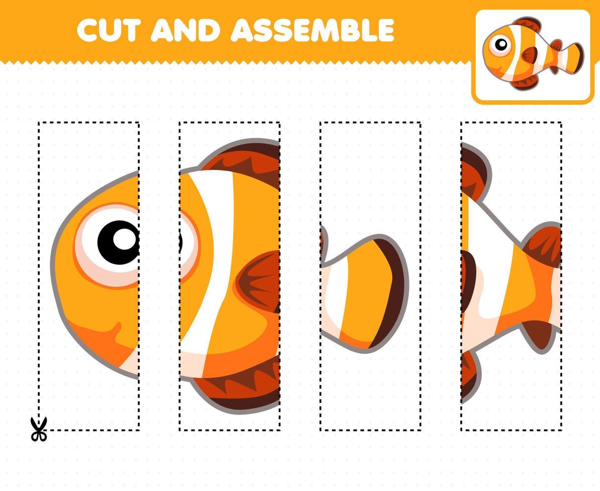 juego educativo para niños, práctica de corte y ensamblaje de rompecabezas con lindos peces de animales de dibujos animados vector