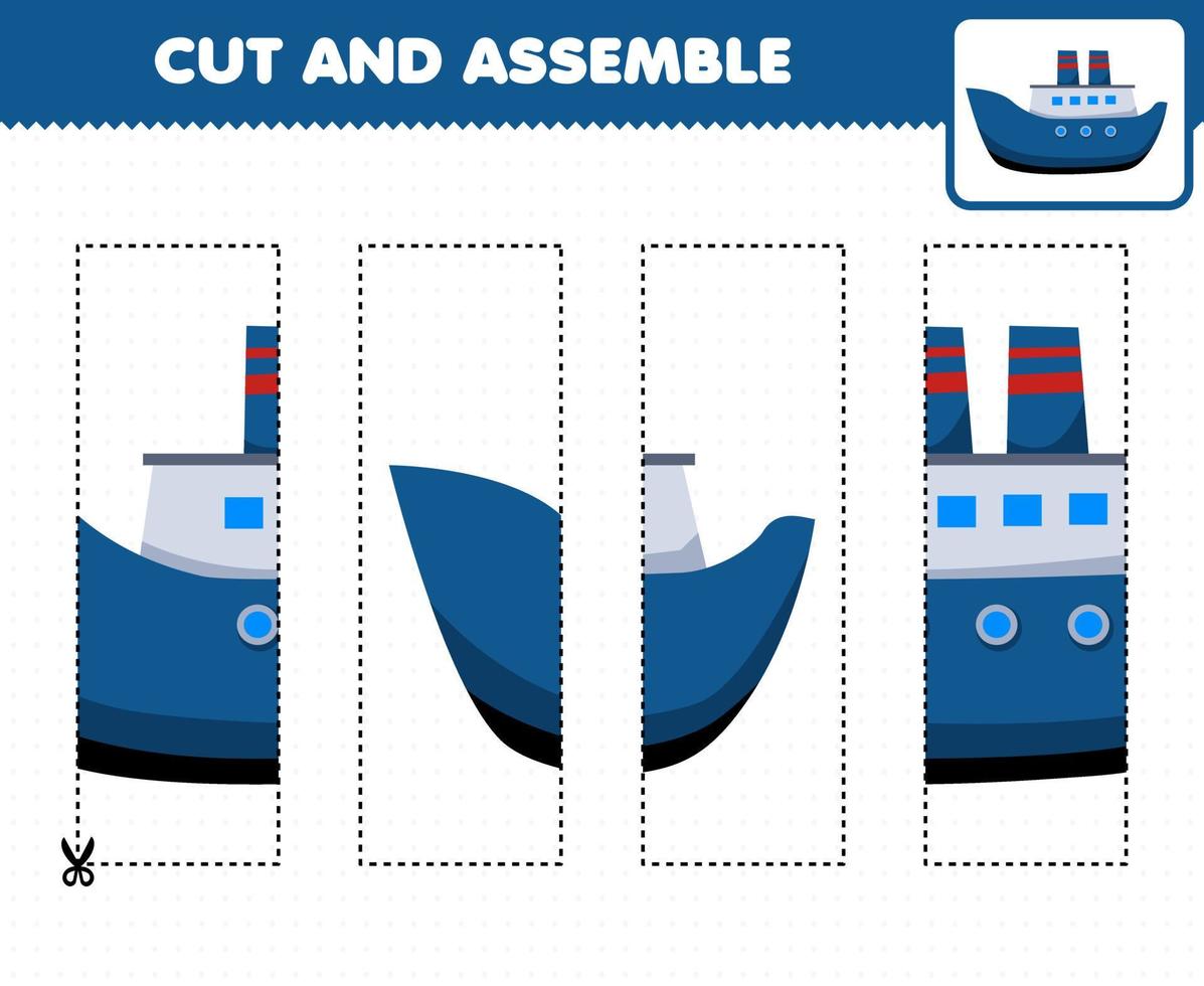 Education game for children cutting practice and assemble puzzle with cartoon transportation ferry ship vector
