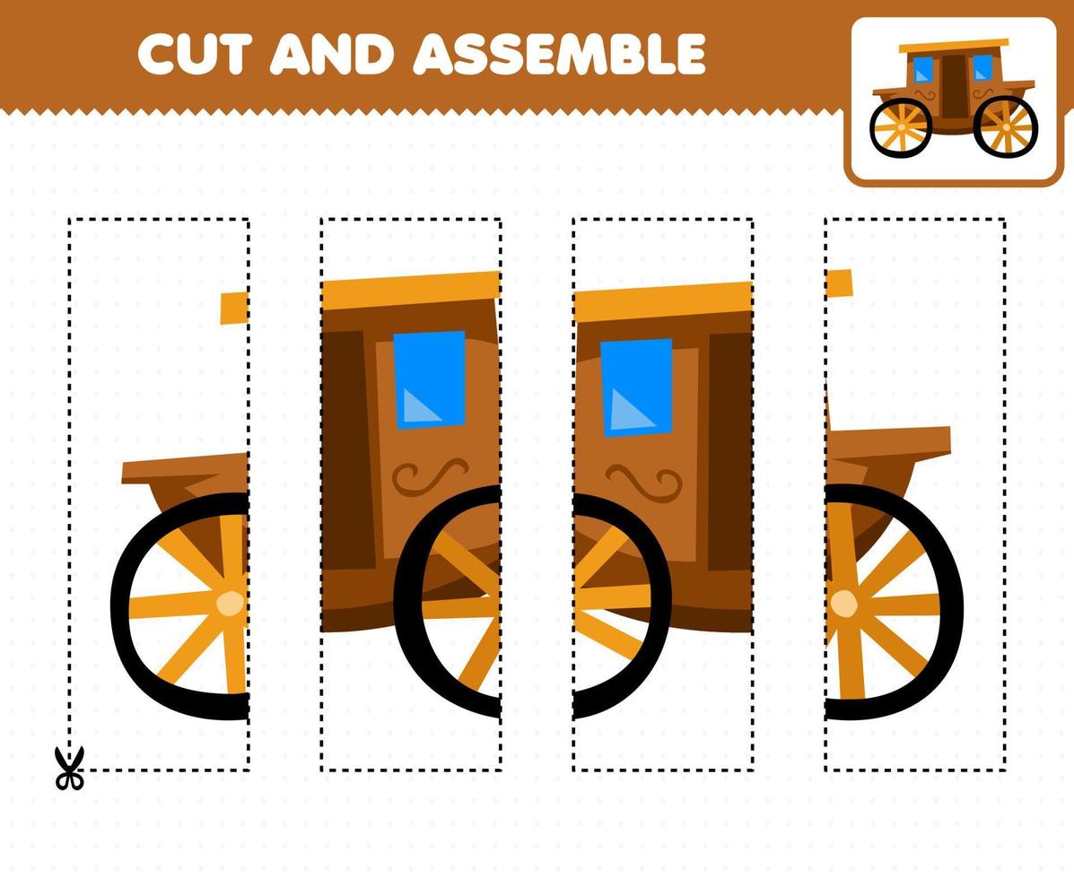 juego educativo para niños, práctica de corte y ensamblaje de rompecabezas con carruaje de transporte de dibujos animados vector