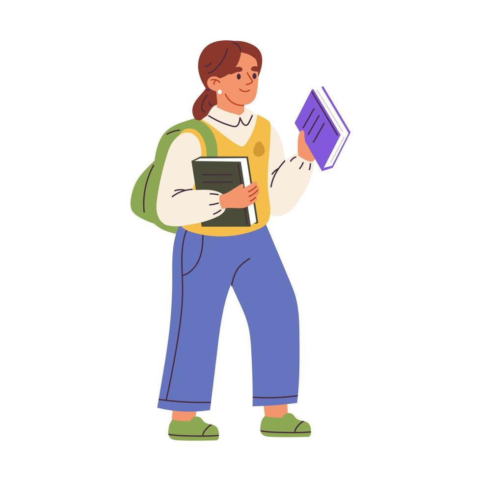 Cute girl go to school. Schoolgirl with book and backpack go to primary school. Flat vector illustration