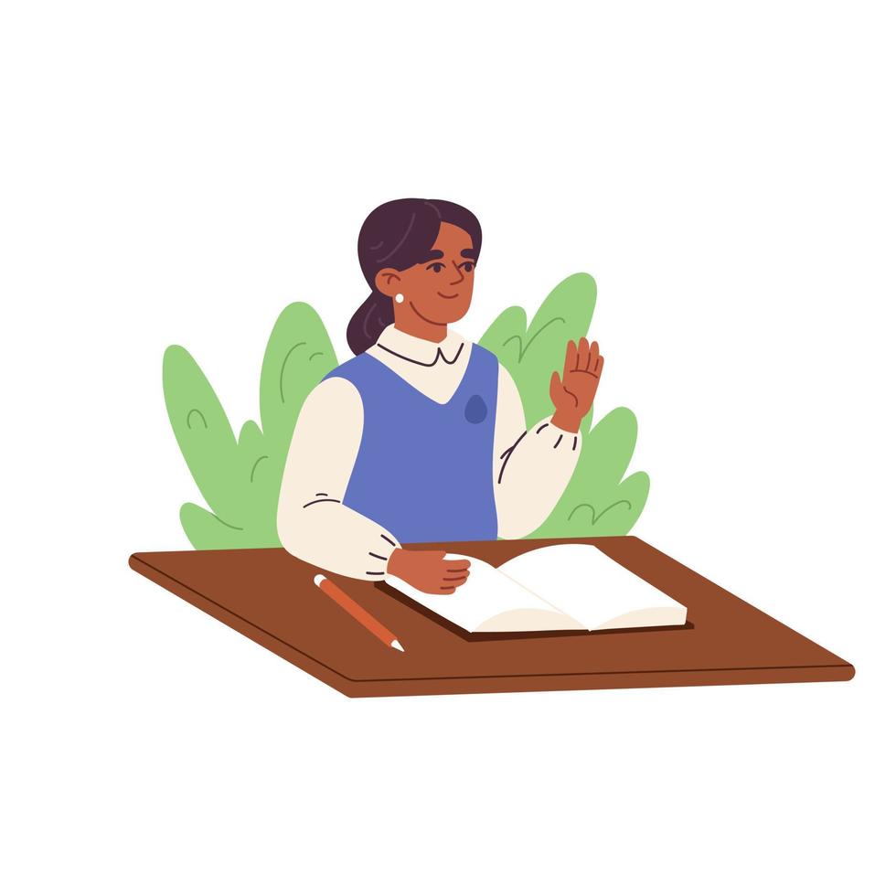 niña afroamericana inteligente levantando la mano para responder. concepto de educación y aprendizaje de la escuela primaria. ilustración vectorial plana vector