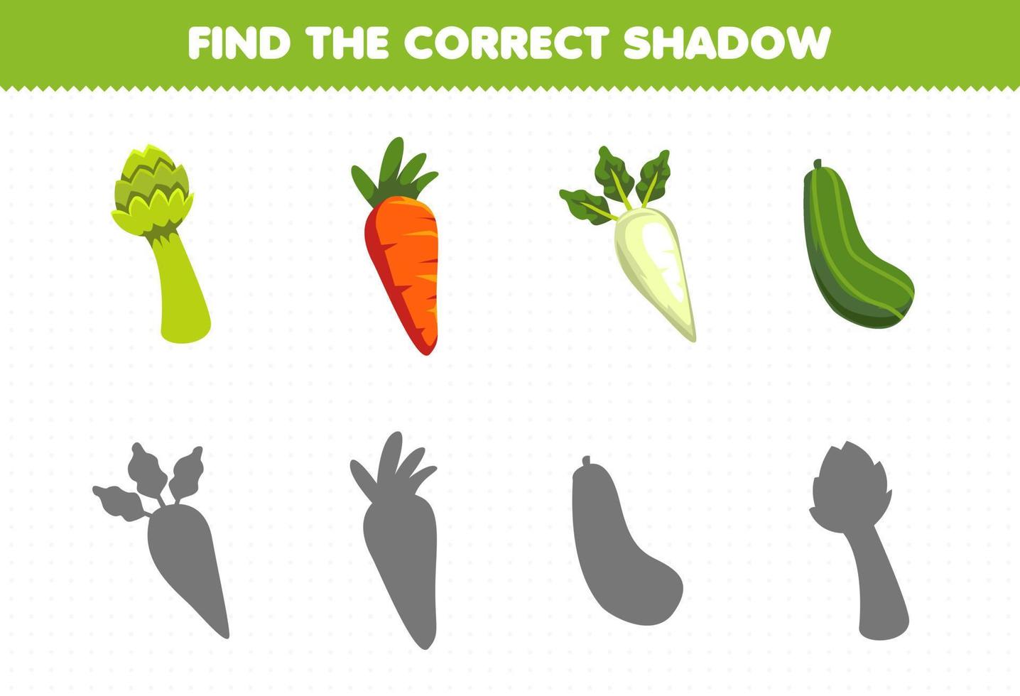 juego educativo para niños encuentra la sombra correcta conjunto de verduras de dibujos animados espárragos zanahoria daikon pepino vector