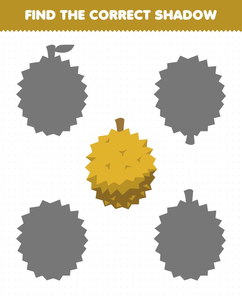 Education game for children find the correct shadow set of cartoon fruit durian vector