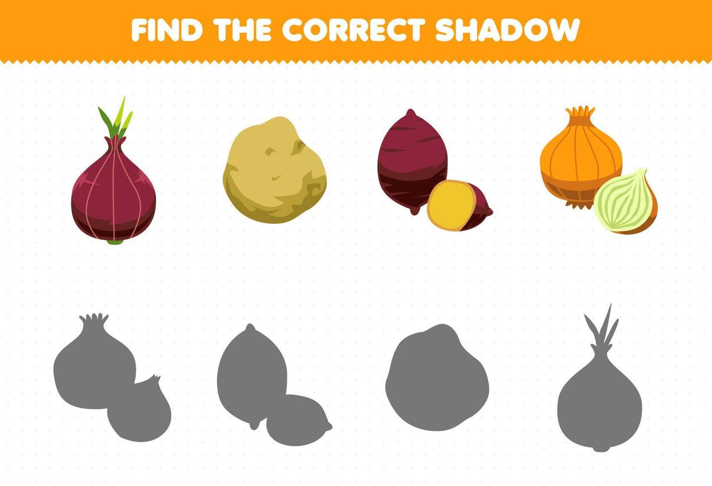 Education game for children find the correct shadow set of cartoon vegetables shallot potato yam onion vector