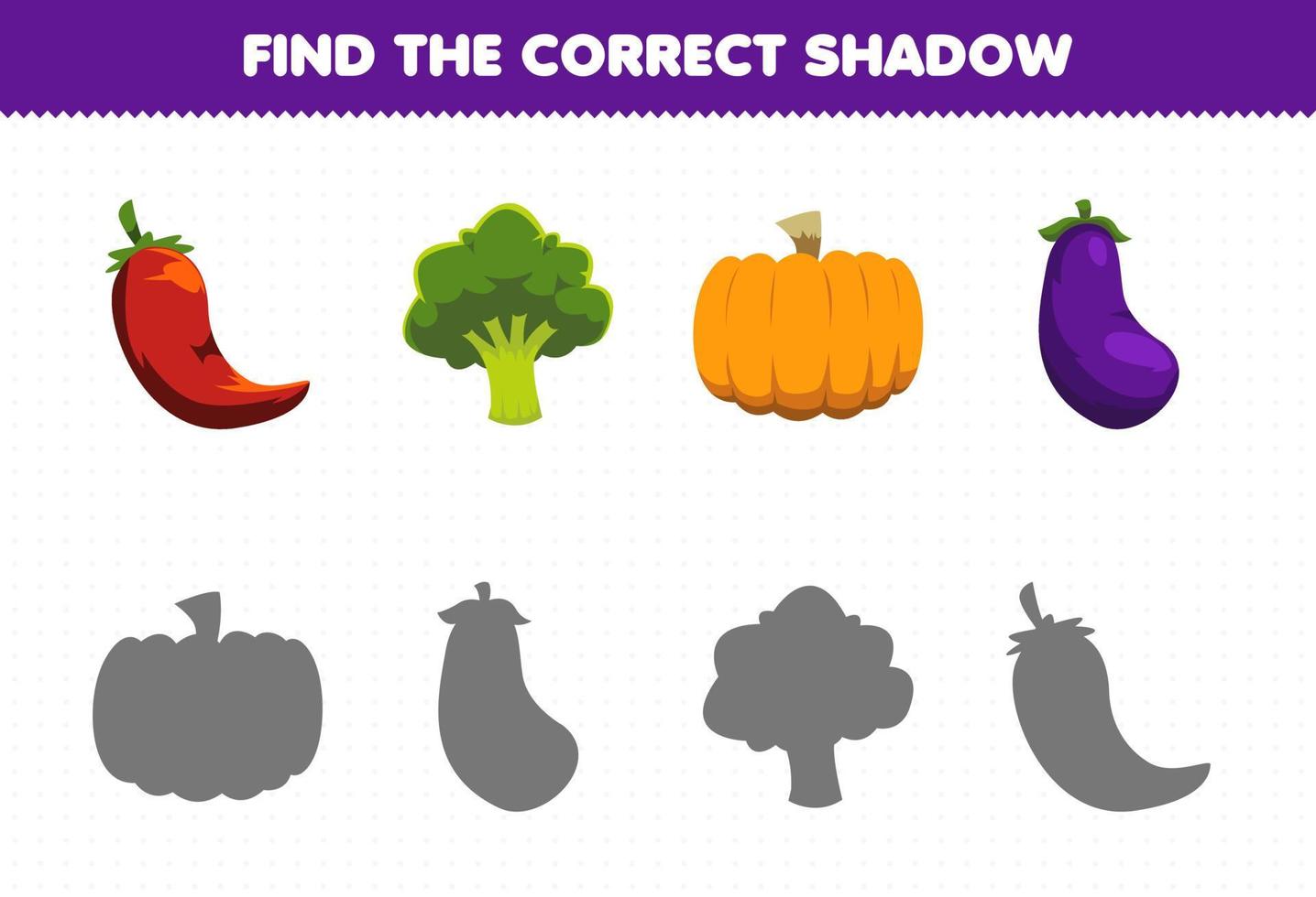 Education game for children find the correct shadow set of cartoon vegetables chilli broccoli pumpkin eggplant vector