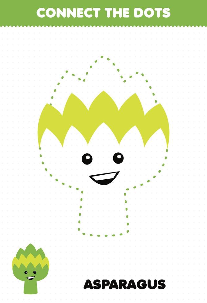 Education game for children connect the dots handwriting practice with cute cartoon vegetable asparagus character vector