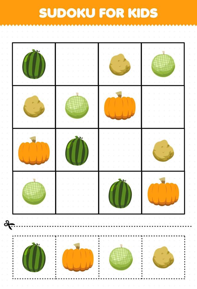 Education game for children sudoku for kids with cartoon fruits and vegetables watermelon potato melon pumpkin picture vector