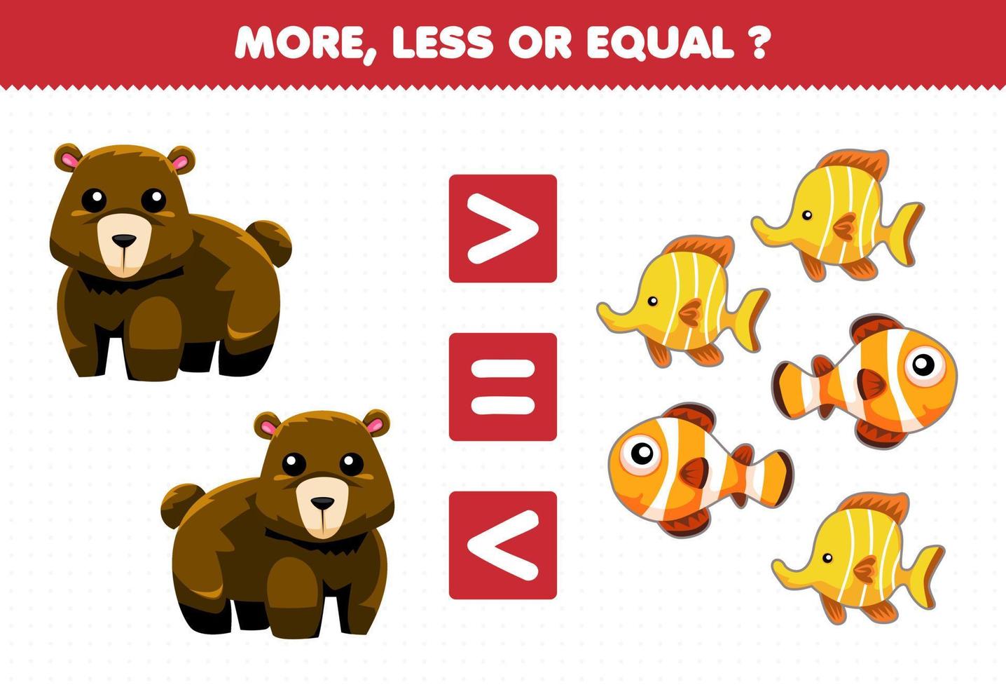 Education game for children more less or equal count the amount of cute cartoon animal bear and fish vector