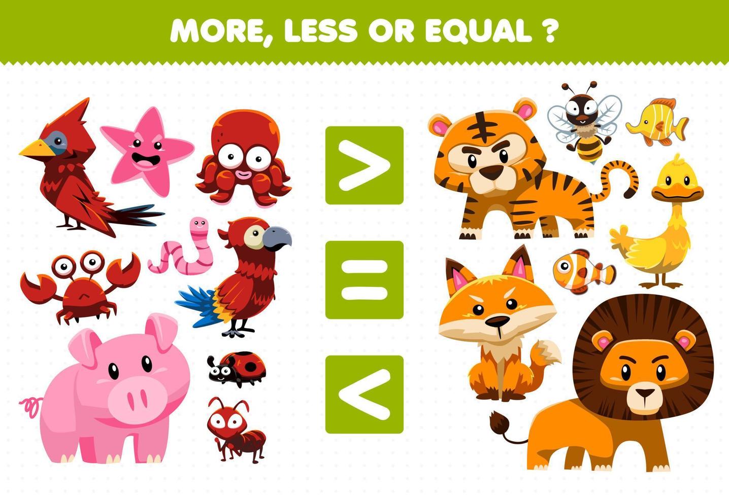 juego educativo para niños más menos o igual contar la cantidad de dibujos animados lindos animales pájaros loro estrella de mar pulpo cangrejo gusano cerdo mariquita hormiga tigre abeja pato pescado zorro león vector