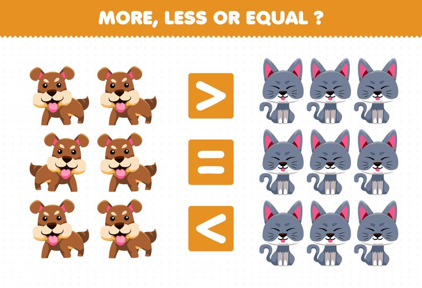 Education game for children more less or equal count the amount of cute cartoon animal dog and cat vector