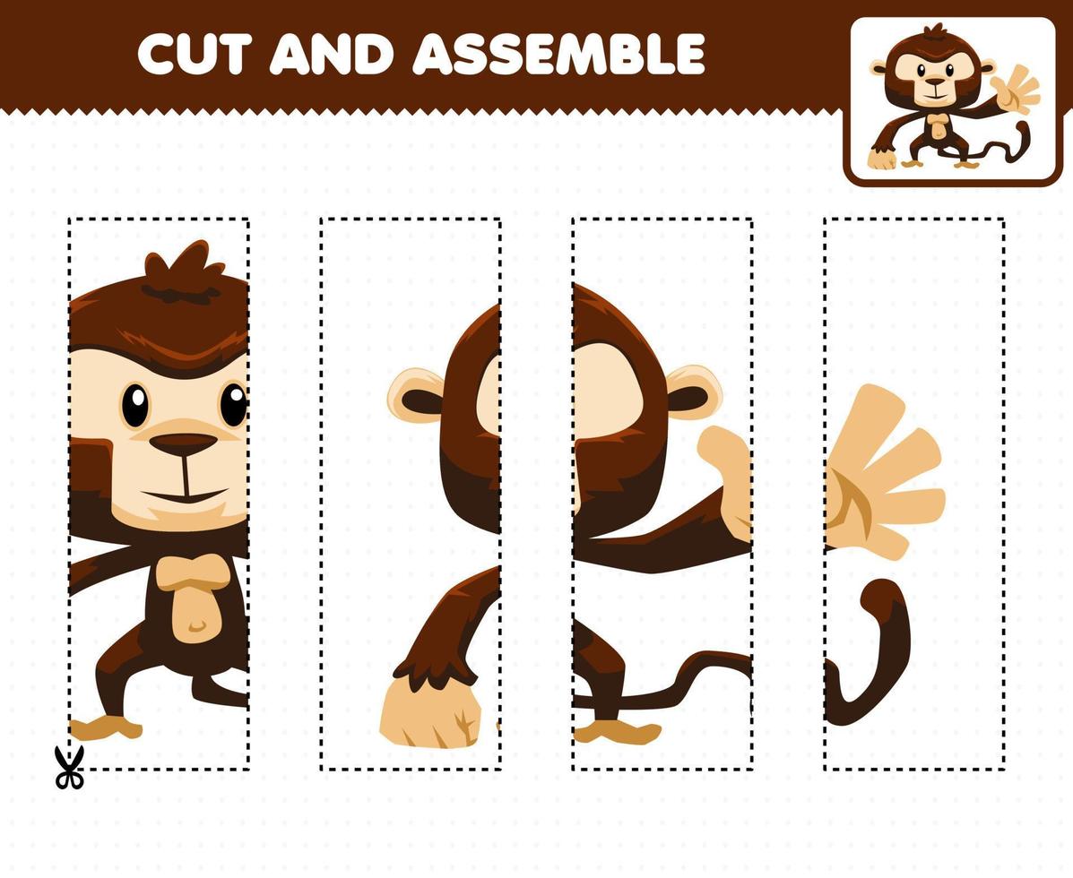 Education game for children cutting practice and assemble puzzle with cute cartoon animal monkey vector