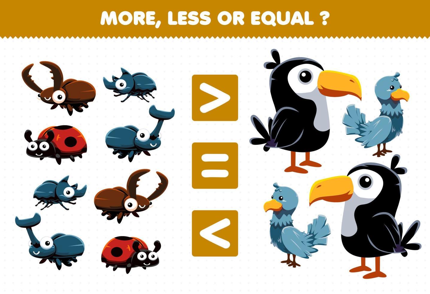 Education game for children more less or equal count the amount of cute cartoon animal bug beetle ladybug toucan dove bird vector