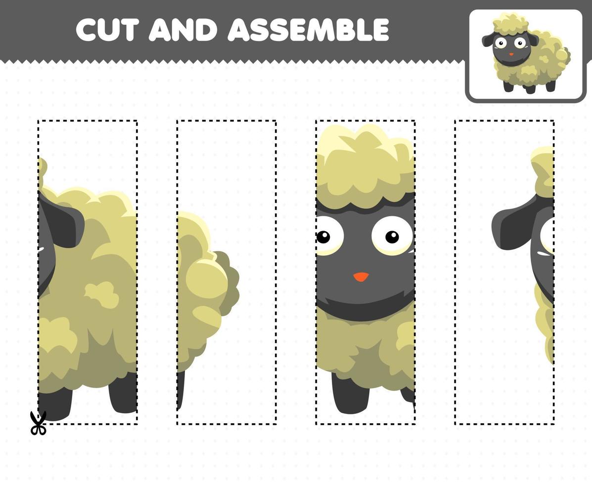 juego educativo para niños, práctica de corte y ensamblaje de rompecabezas con lindas ovejas de animales de dibujos animados vector