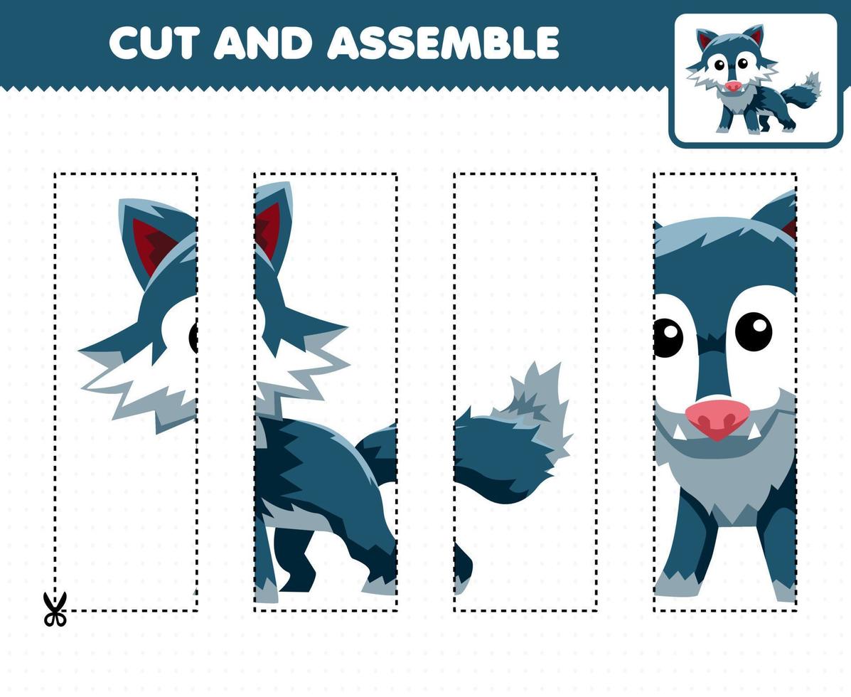 juego educativo para niños práctica de corte y armar rompecabezas con lindo lobo animal de dibujos animados vector