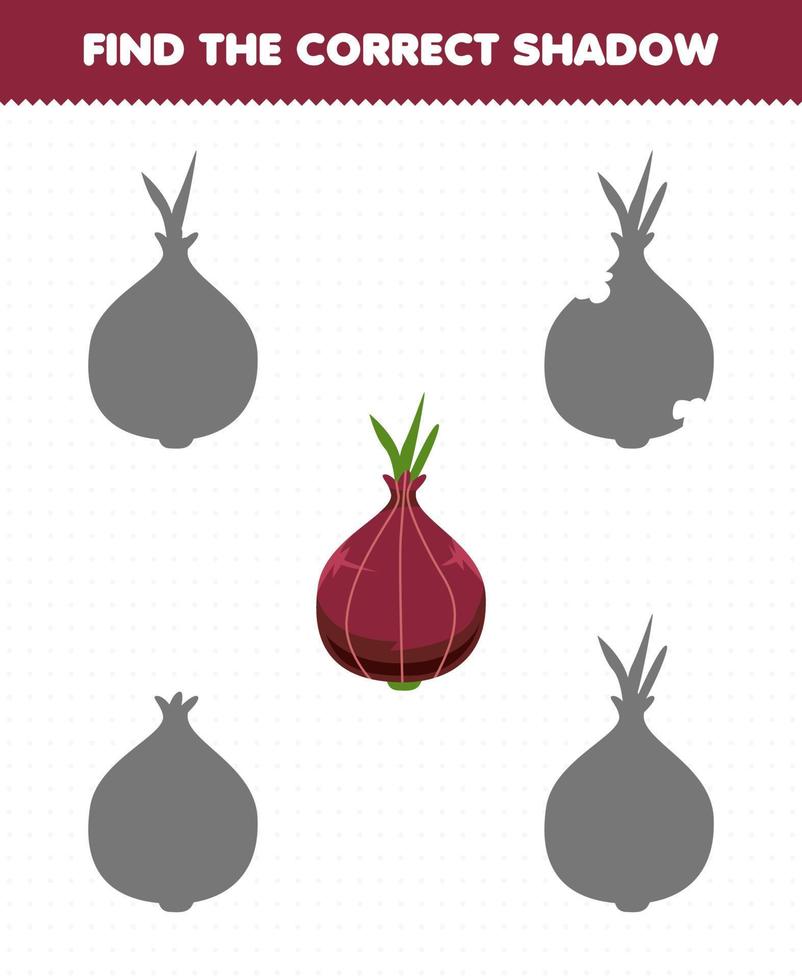 Education game for children find the correct shadow set of cartoon vegetable shallot vector