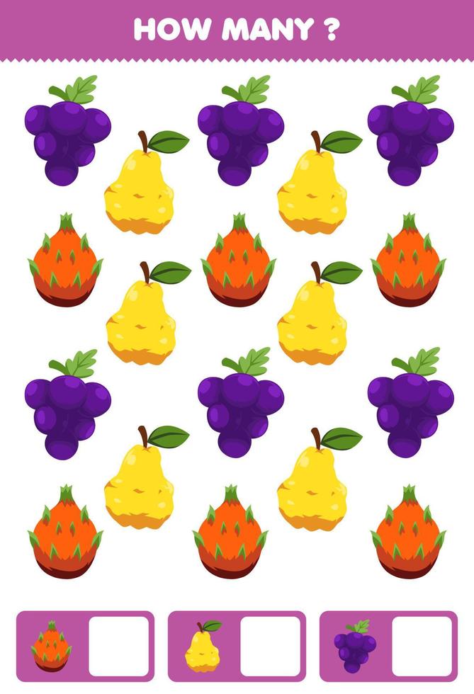 Education game for children searching and counting activity for preschool how many cartoon fruits grape quince dragon fruit vector