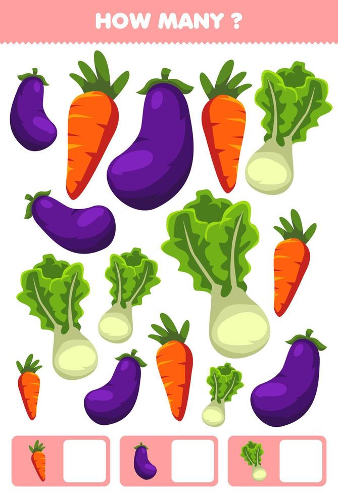 Education game for children searching and counting activity for preschool how many cartoon vegetables eggplant carrot lettuce vector