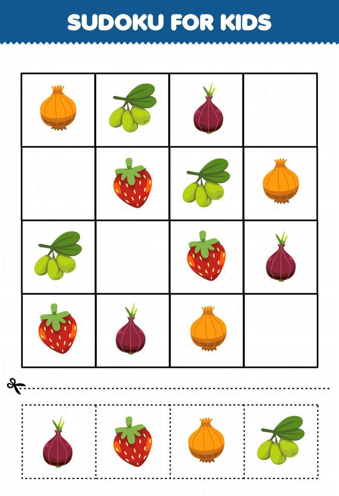 Education game for children sudoku for kids with cartoon fruits and vegetables onion olive shallot strawberry picture vector