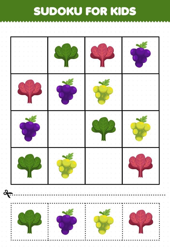 juego educativo para niños sudoku para niños con frutas y verduras de dibujos animados imagen de uva espinaca roja vector