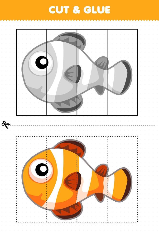 Education game for children cut and glue with cute cartoon animal clown fish vector