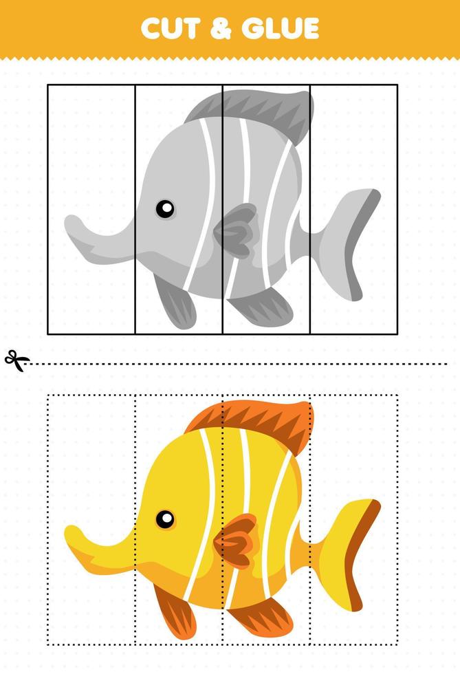 Education game for children cut and glue with cute cartoon animal yellow fish vector