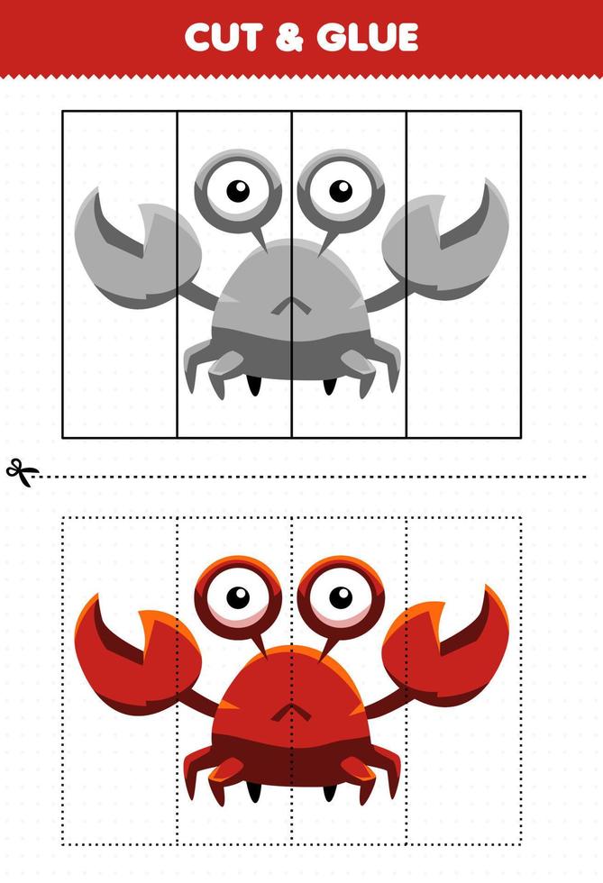 Education game for children cut and glue with cute cartoon animal crab vector