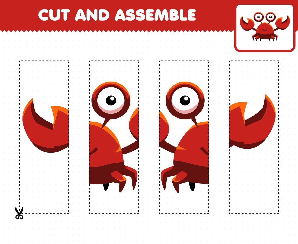 Education game for children cutting practice and assemble puzzle with cute cartoon animal crab vector