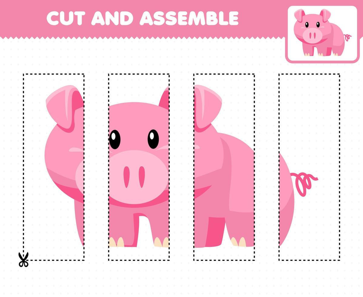 Education game for children cutting practice and assemble puzzle with cute cartoon animal pig vector