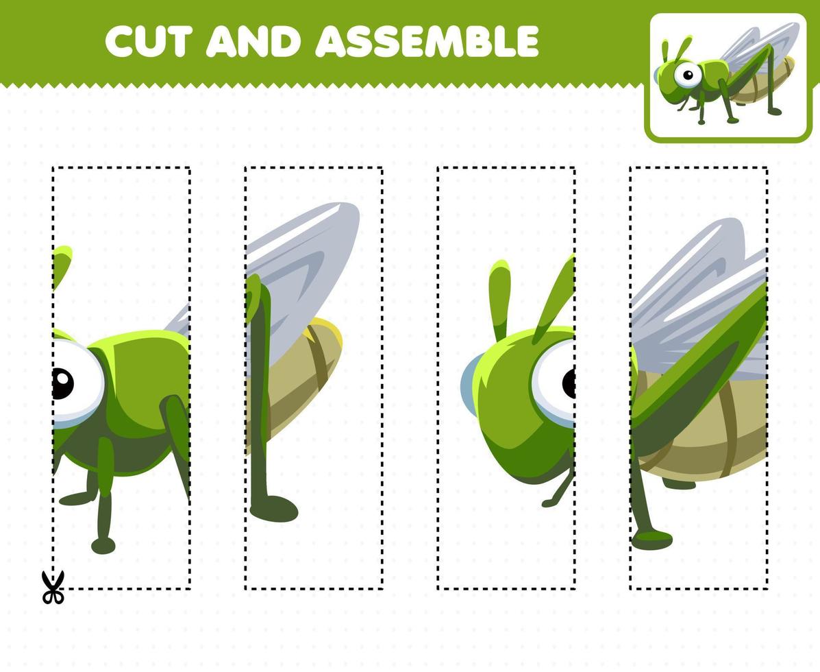 Education game for children cutting practice and assemble puzzle with cute cartoon animal grasshopper vector