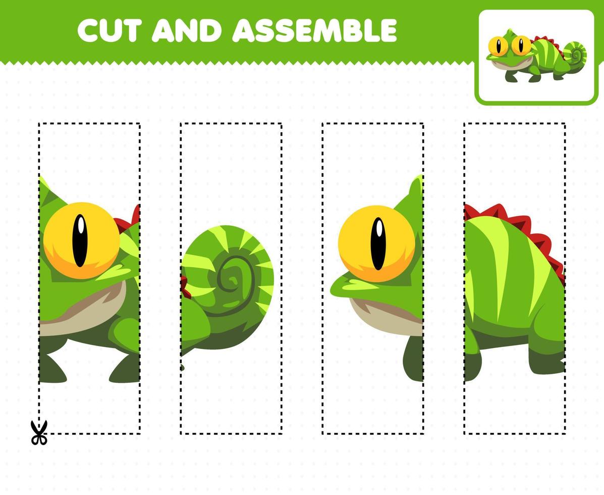 Education game for children cutting practice and assemble puzzle with cute cartoon animal iguana vector