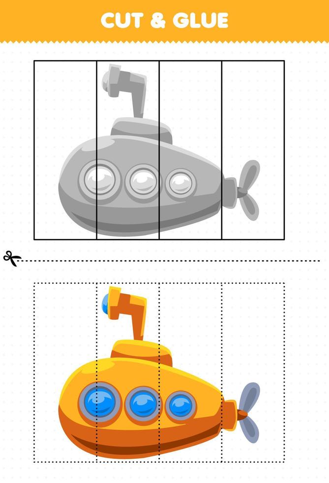 juego educativo para niños cortado y pegado con submarino de transporte de dibujos animados vector