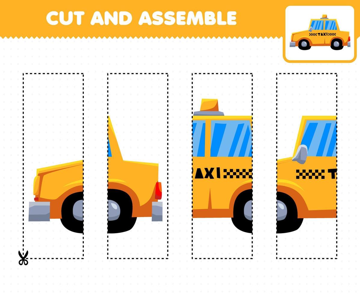Education game for children cutting practice and assemble puzzle with cartoon transportation taxi vector