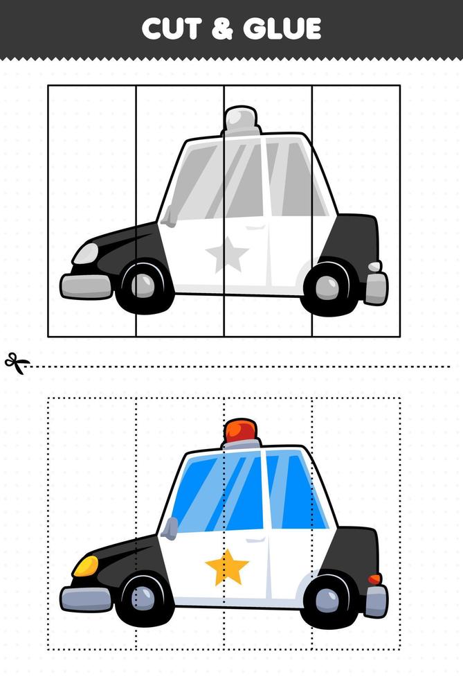 juego educativo para niños cortado y pegado con coche de policía de transporte de dibujos animados vector