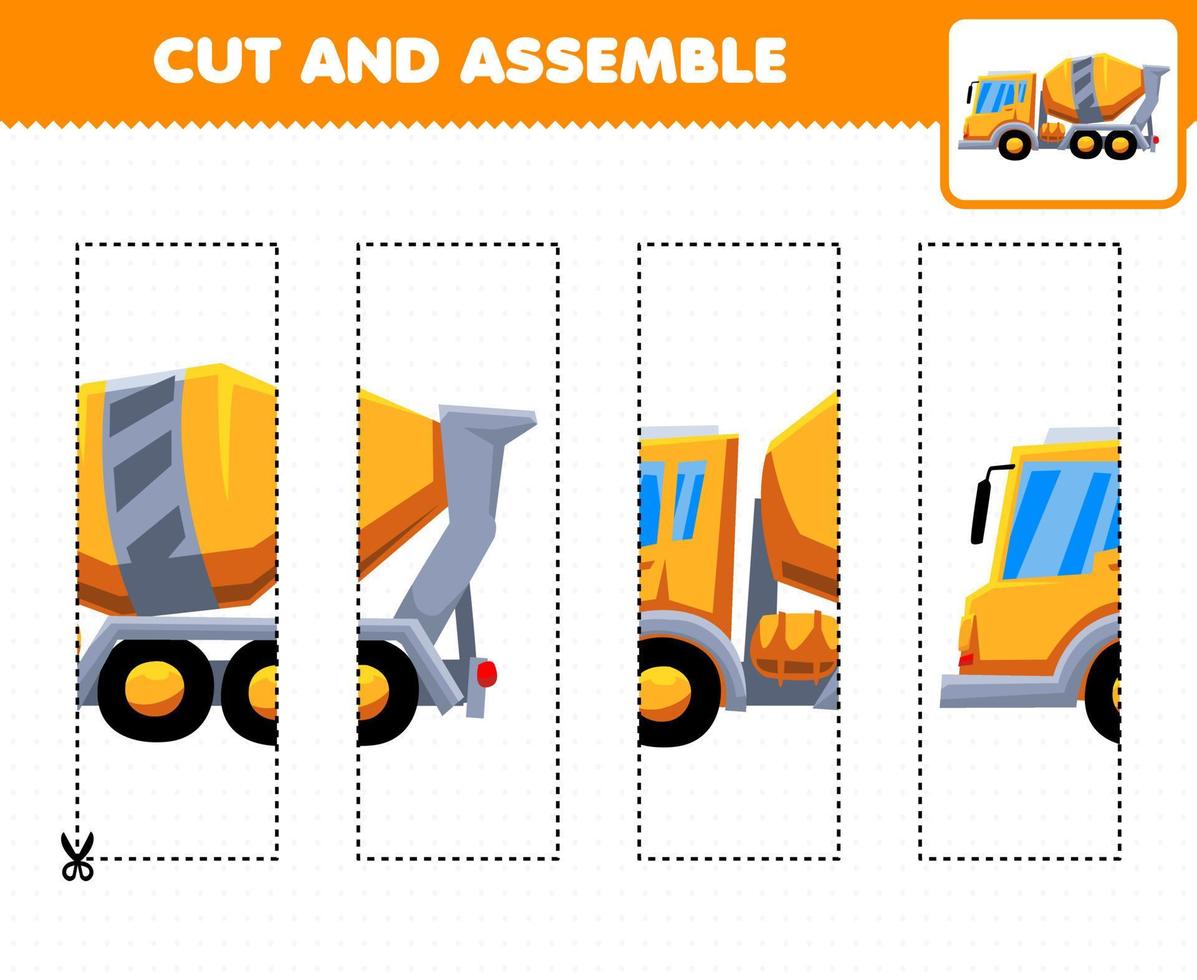 Education game for children cutting practice and assemble puzzle with cartoon transportation concentrate mixer truck vector