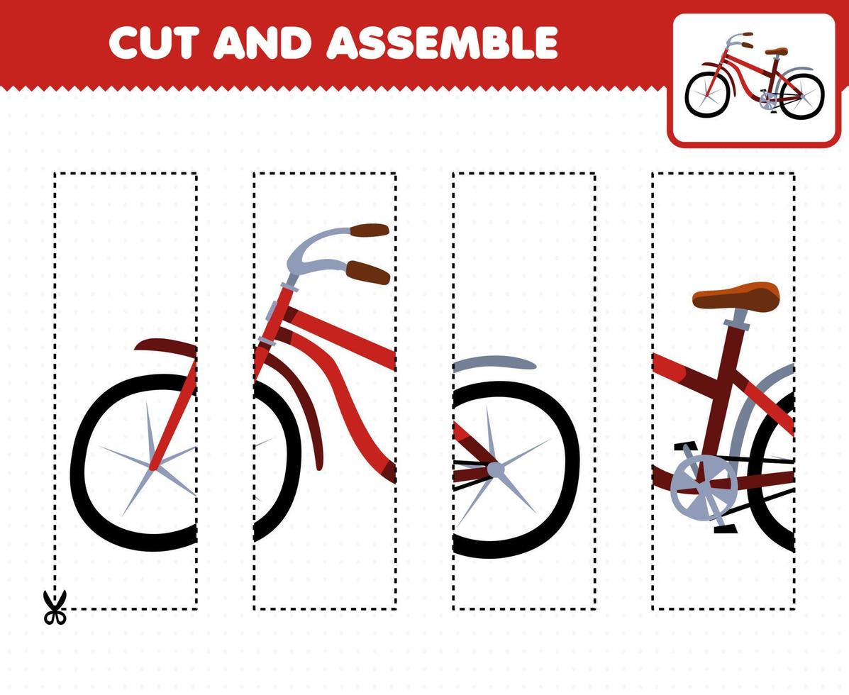 Education game for children cutting practice and assemble puzzle with cartoon transportation bicycle vector