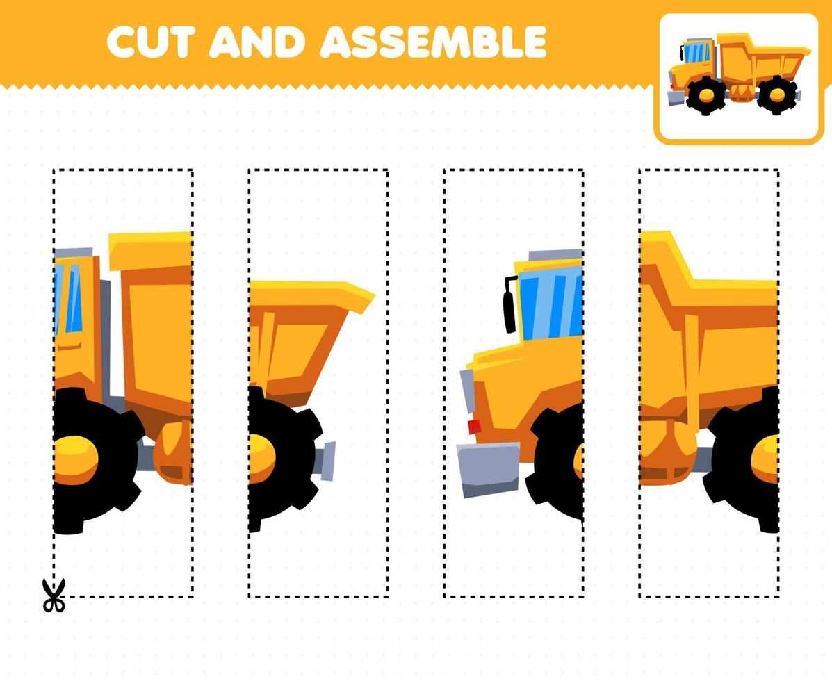 Education game for children cutting practice and assemble puzzle with cartoon transportation dump truck vector