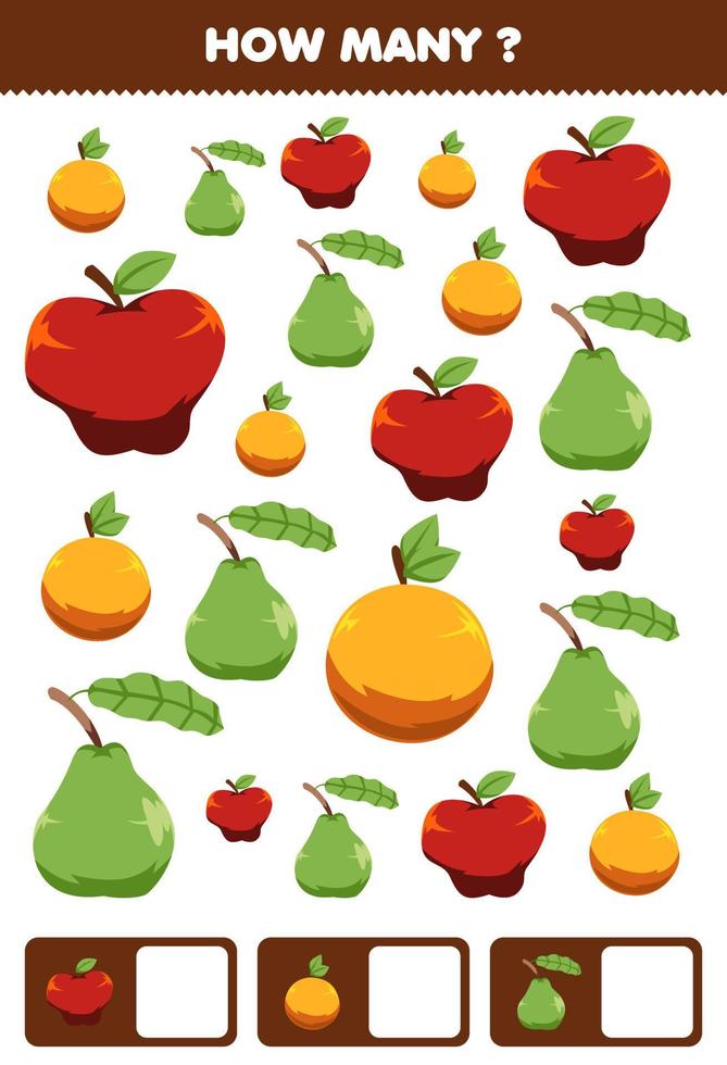 Education game for children searching and counting activity for preschool how many cartoon fruits apple orange guava vector