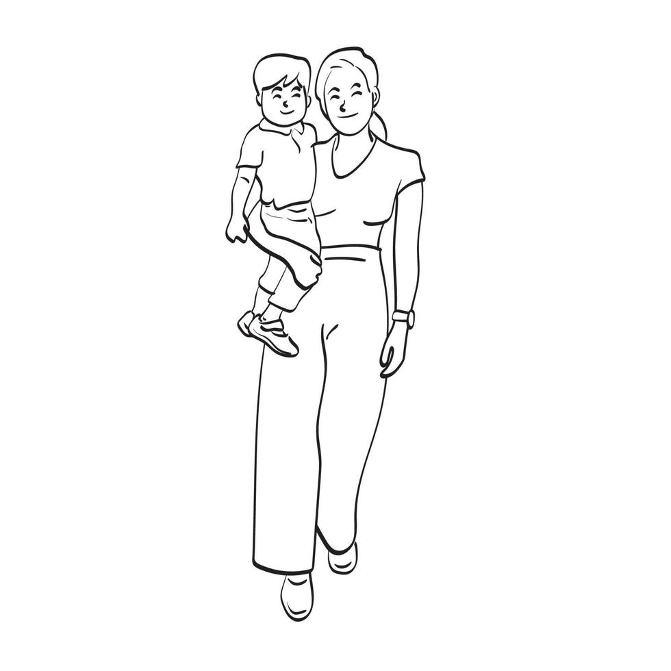 arte de línea de longitud completa de la madre que sostiene a su hijo en el brazo ilustración vector dibujado a mano aislado sobre fondo blanco