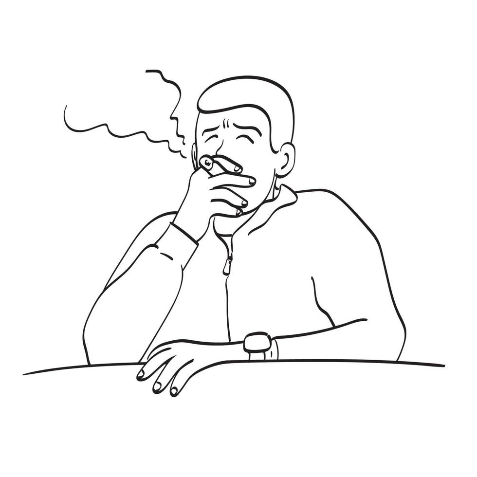 hombre fumando cigarro ilustración vector dibujado a mano aislado en el arte de línea de fondo blanco.