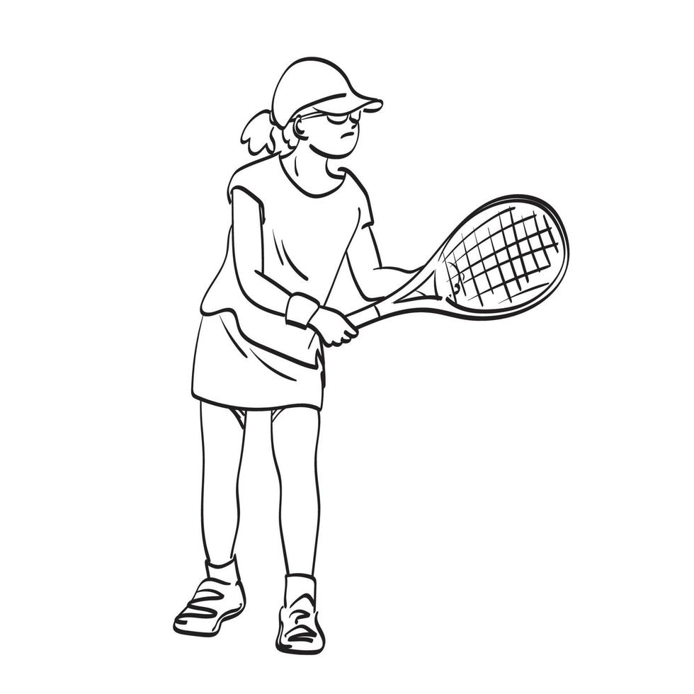 line art full length of young sport girl playing tennis illustration vector hand drawn isolated on white background