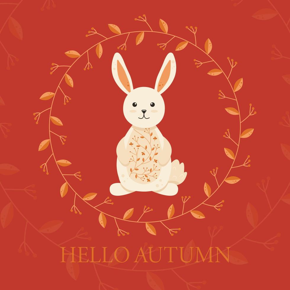 Bunny with Autumn Ornament on his Belly Hello Autumn Post vector