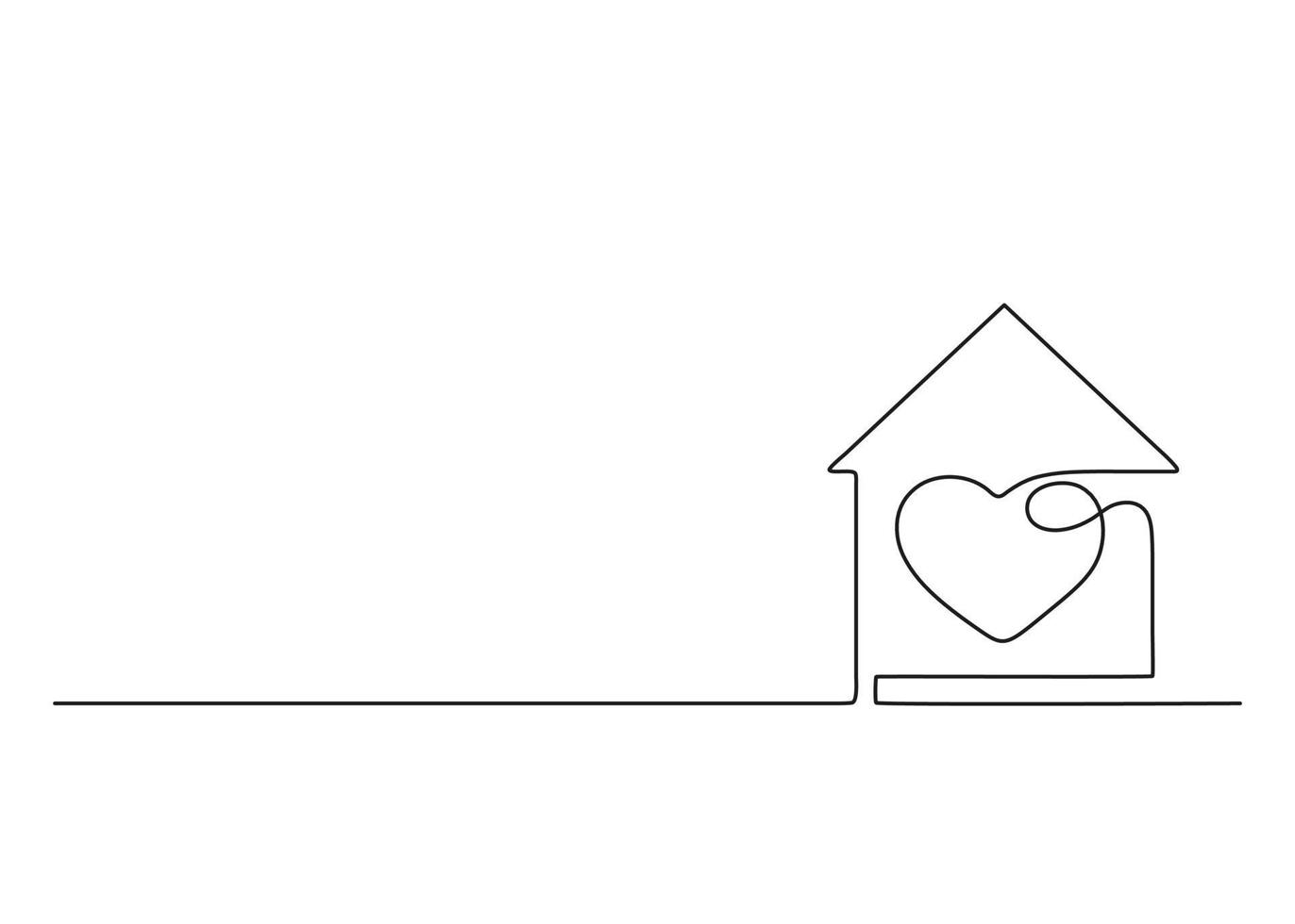 House outline with heart inside, copy space, residential building continuous one art line drawing. Love, family in home. Single contour construction house. Care and safe of home, building. Vector