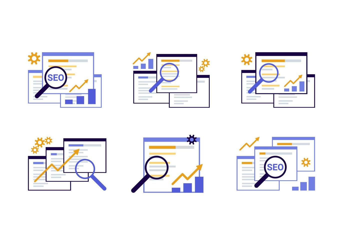 Search engine optimization, SEO optimization, analytics and advertising set concept. Search screen with magnifier. Sign SEO top ranking for web. Vector illustration