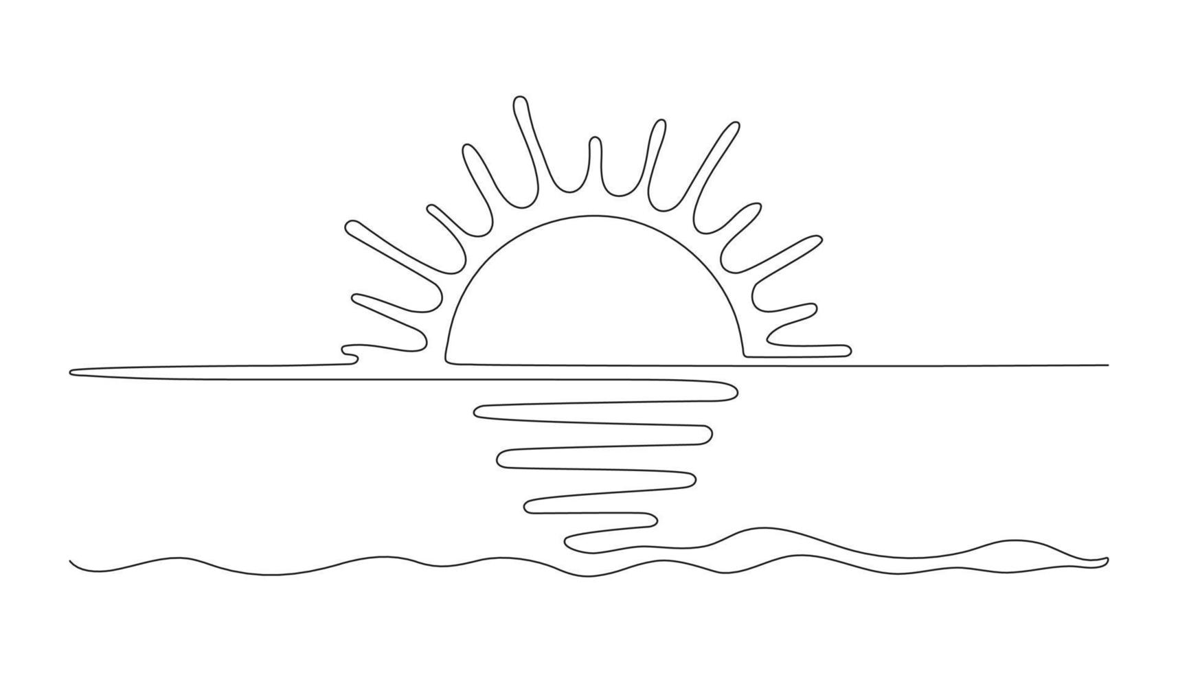 Sun on sea beach one black continuous line, sunset and sunrise outline. Nature landscape with sunshine on coast. One line drawing. Vector illustration