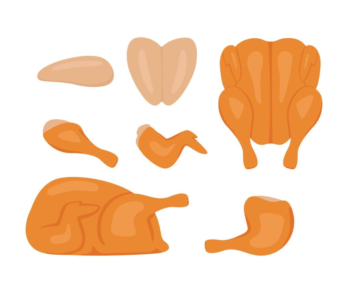 Grilled brown chicken meat, food cartoon set. Whole fried chicken with hen leg, wing and fillet. Grill meat roast. Cooked piece chick. Vector illustration