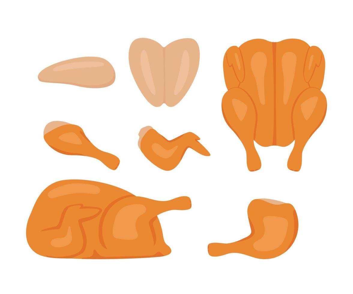 carne de pollo marrón a la parrilla, juego de dibujos animados de comida. pollo frito entero con pata de gallina, ala y filete. asado de carne a la parrilla. pollito troceado cocido. ilustración vectorial vector