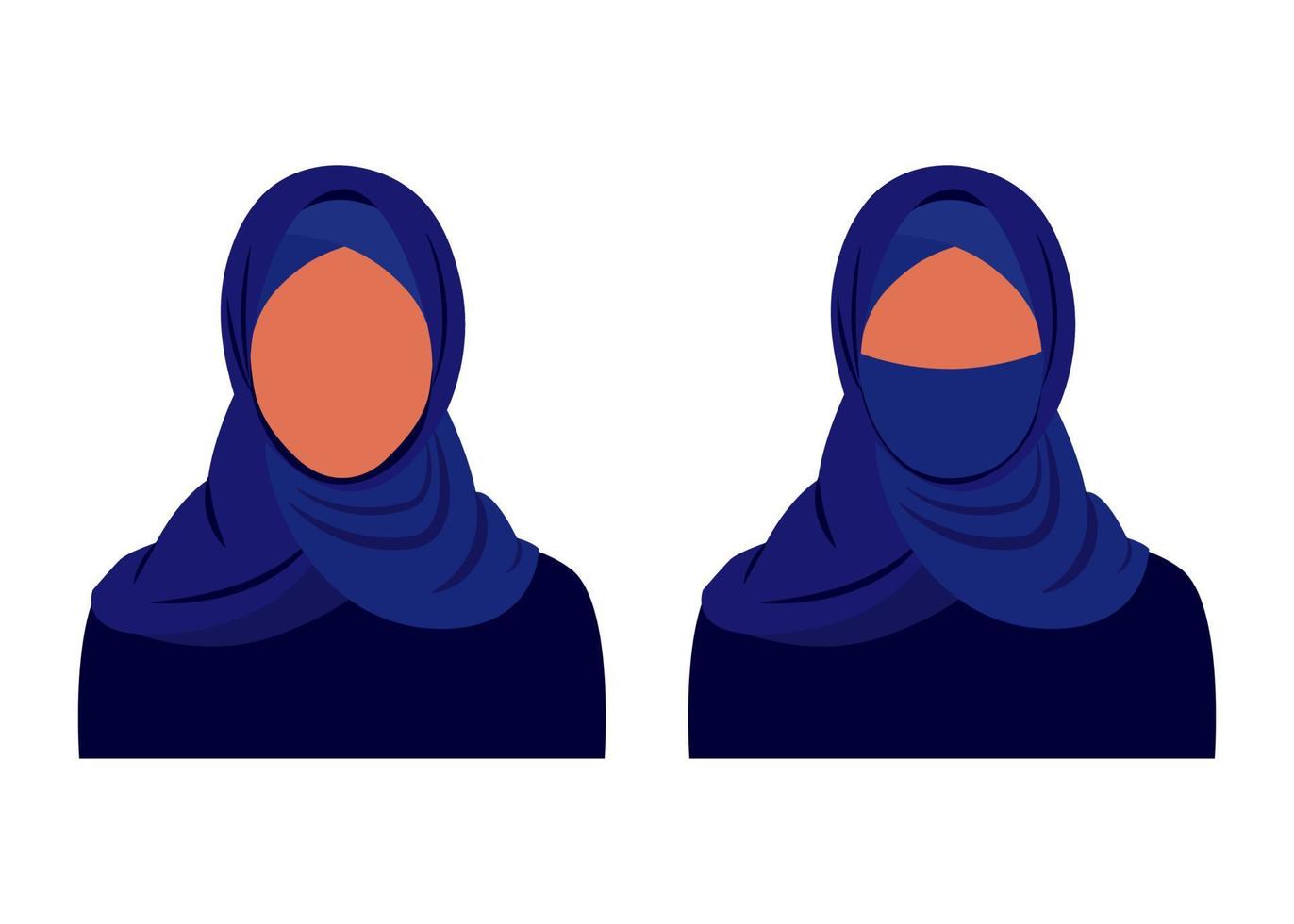 Abstract muslim woman in traditional dark hijab clothes open and close face. Arab girl in dress. Vector illustration isolated