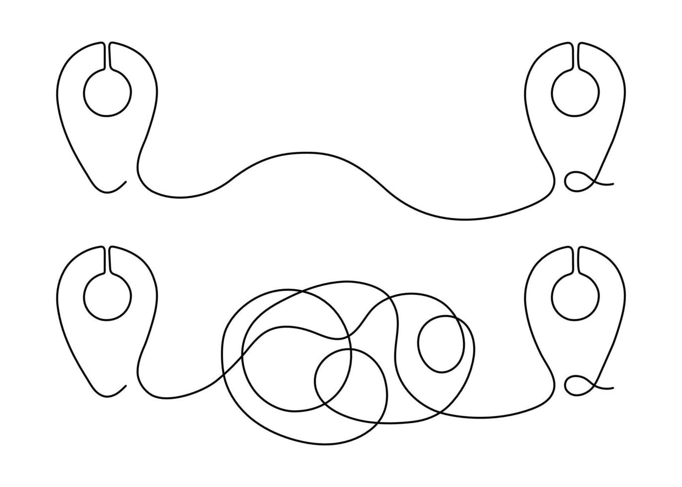 contorno de ruta derecha y enredada con punto de ubicación en el mapa, plan de destino de la carretera, dibujo continuo de una línea. ruta con punteros. camino de ruta caótica real y camino ideal fácil verdadero. vector