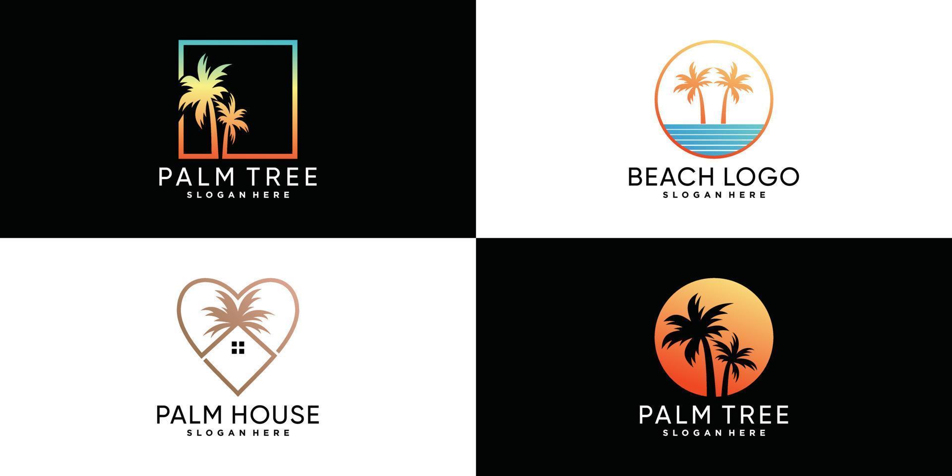 Palm tree or palm beach icon set logo design with creative element Premium Vector