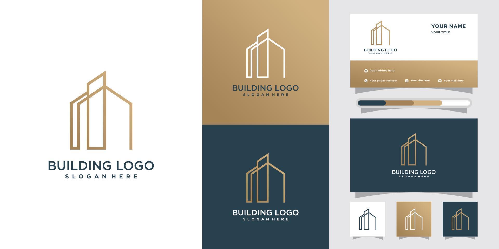 logotipo de construcción para la construcción de negocios con estilo de arte de línea y diseño de tarjeta de presentación vector premium